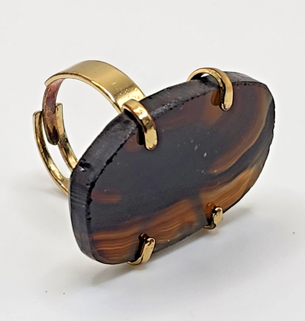 Brown Agate Adjustable Ring with Gold Plated Wire Wrapping